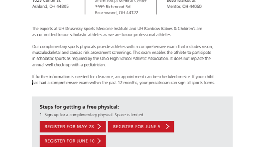 Free Physicals for Students 14-18 Offered by UH Hospitals